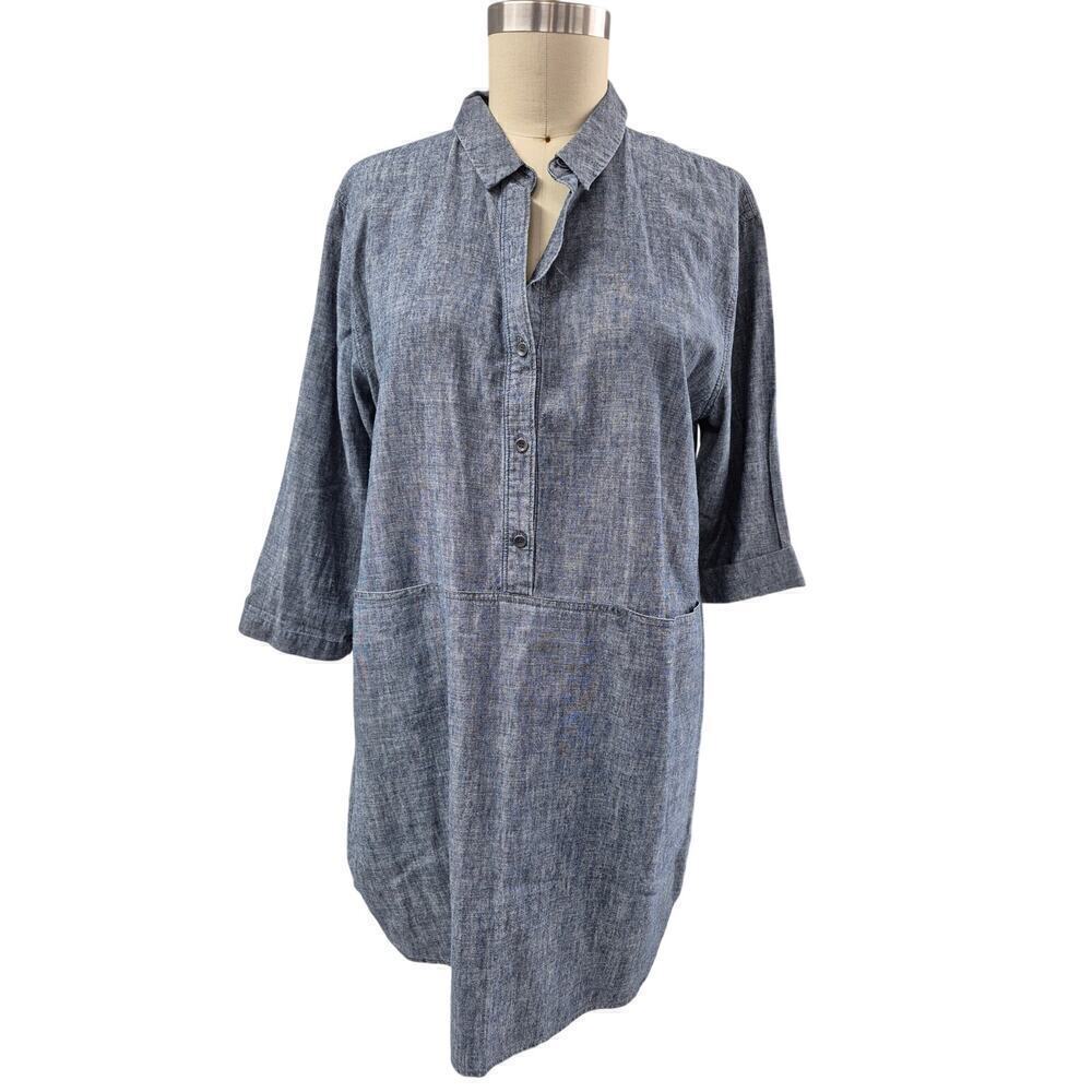 Eileen Fisher Hemp/Cotton Blend Denim Blue Top Tunic Short Dress Sz L